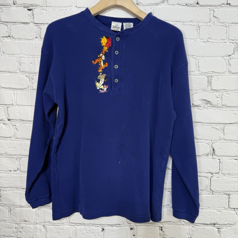 VTG Disney Store Waffle Knit‎ Henley L Blue Winnie The Pooh Tigger Rabbit Piglet